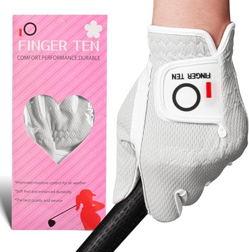 FINGER TEN Golf Gloves Women Rain Grip Left Right Hand | All Weather Wet Grip, Mesh Design for Ventilation Sweat Removal, Improved Swing Stability, Ladies Gloves Soft Flexible Fit