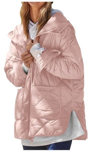 NSICBMNO Khaki Quilted Jacket Womens Long Coat Zip Up Hoodie Lightweight Puffer Jackets Winter Coat Ladies Padded Jackets Hooded Down Jacket Oversized Hoodie Outdoor Windbreaker With Pockets