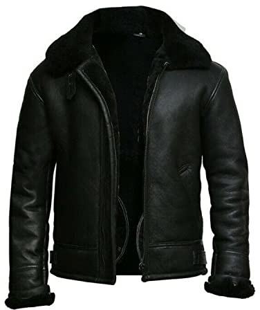 The Jackeeta Men's B3 Aviator Raf Fight Pilot Real Fur Shearling Removeable Hood Belted Bomber Sheepskin Leather Jacket (US, Alpha, Small, Regular, Regular, BLACK) - Small