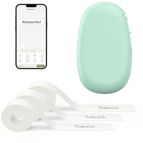 SUPVAN E10 Bluetooth Etikettillverkare med 3 Rullar 15 mm Etiketter, Grön | APP med över 660 Symboler, 50 Ramar och 30 Typsnitt, Kompatibel med Android och iOS, för Skola, Kontor och Hem