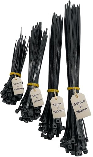 Double Dragon Lot de 200 attaches autobloquantes robustes en nylon PA66-4 tailles (100 mm, 150 mm, 200 mm, 250 mm) x 3,6 mm - Pour la gestion des fils, la maison, le bureau et le jardin - Noir