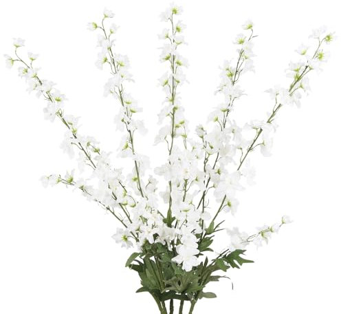 INSUNSIX White Delphinium Artificial Flowers 5PCS Fake White Flowers 42.5 Tall Faux Delphinium Silk Flowers for Wedding Centerpieces Bridal Shower Home Decor (Pure White)
