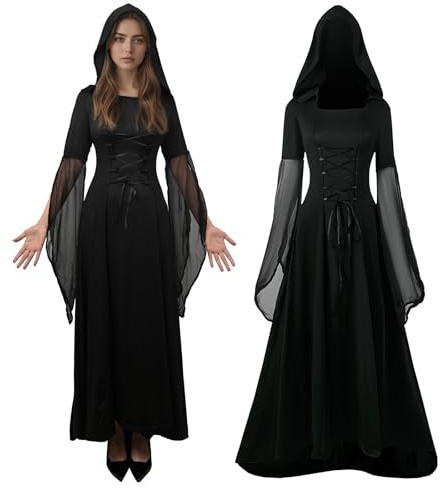 JDFAIJEAL Abito medievale nero con cappuccio abito da sposa vintage (M)