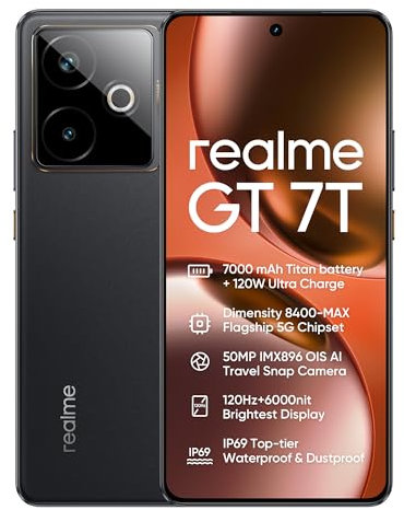 realme GT 7T 5G Mobile Phone 12+512GB Smartphone, MediaTek Dimensity 8400, 7000mAh Battery with 120W Quick Charge, 50MP AI Travel Snap Camera, 6.8-Inch 1.5K 120Hz Display, Dual SIM NFC, Black