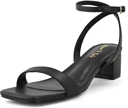 Shoe'N Tale Block Low Heels for Women Chunky Heeled Sandals Ankle Strap Adjustable Buckle Square Toe Comfortable Dressy Shoes(7.5,Black)