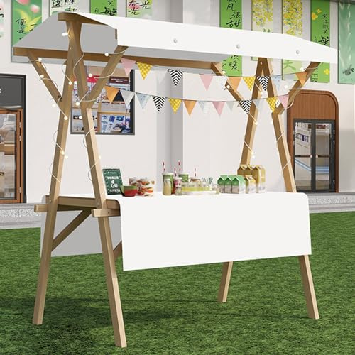 Soporte de exhibición plegable de 6 pies con toldo, carrito de madera para ventas callejeras, espectáculos de manualidades, festivales y fiestas, 59 pulgadas de ancho (blanco)