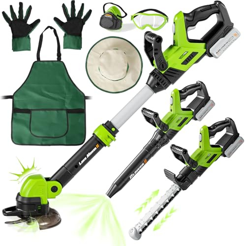 maysida Outils de Jardin pour Enfants 3 en 1, 3 Outils de Jardin électriques pour Tout-Petits avec Sons et lumières, Débroussailleuse Enfant, Souffleur & Tronconneuse Jouet