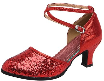 Décolleté da donna con tacco medio, tacco grosso, con glitter scintillanti, cinturino alla caviglia, punta chiusa, décolleté per serate, feste, matrimoni, ospiti, eleganti da indossare, Rosso, 37 EU