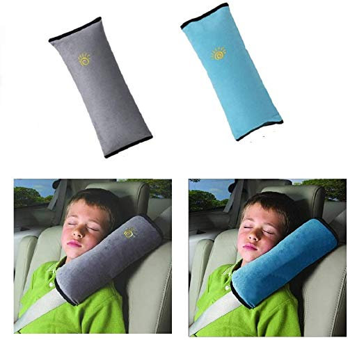 2 Stück Gurtpolster Schlafkissen Nackenstütze für Kinder, Auto Sicherheitsgurt Autositz Kopfkissen Gürtel Pillow Schulterschutz (Grau & Blau)