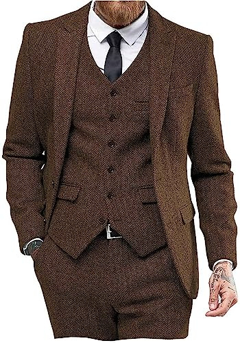 Mens Tweed Herringbone Wedding Suit Prom Tuxedos 3 Piece Peak Lapel Dress (34,Brown)