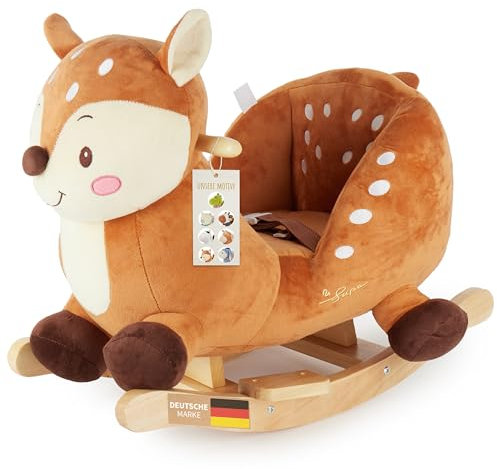 Bieco Plüsch Schaukeltier REH Lina, 60 cm | Kinder Schaukelstuhl mit Sicherheitsgurt | Baby Schaukel | Schaukel Kleinkind | Schaukeltier Baby Schaukelwippe ab 9 Monate | Schaukelpferd Holz