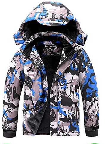 OHSNMAKSL Boy's Waterproof Ski Jacket Warm Winter Snow Coat Kids Fleece Snowboarding Thick Hooded Windproof Blue camo-14-16