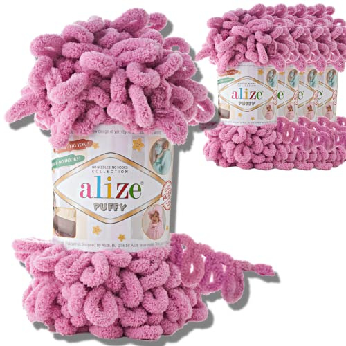 Alize 5 x 100 g puffy turkisk ull, superBulky chenillegarn, gosigt mjukt babyull, handstickgarn för virkning, mjukt chenillegarn, XXL-nystan för amigurumi (ros | 98)