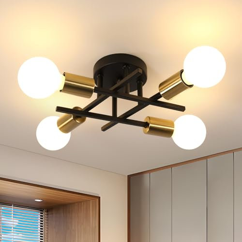 Goeco Sputnik Lustre Vintage, Plafonnier Lampe Industriel 4 Lumières E27 Base, Lustre Luminaire en Metal Noir pour Chambre à Coucher, Salon, Salle à Manger, Cuisine, Café