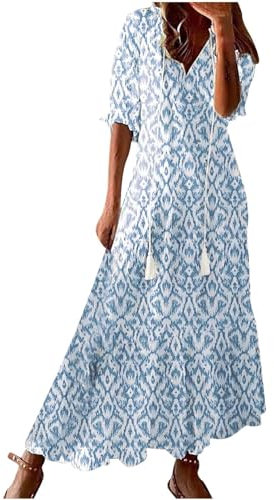 Women's Summer Dress V Neck Boho Maxi Dresses Casual Half Sleeve Long Dress Bohemian Pleated Beach Dress Ladies Flowy Holiday Swing Loose Fit Dresses for Party Evening