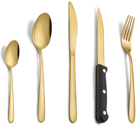 Posate, Pleafind posate da 30 pezzi, posate acciaio inox 6 persone per uso alimentare, set posate in dorato con coltello, cucchiaio, forchetta, coltello da bistecca, lavabili in lavastoviglie