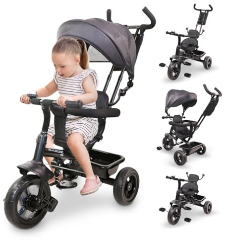 Mobiclinic®, Dreirad mit Schubstange, 3 in 1, Lulu, 18 Monate bis 5 Jahre, Kinderfahrrad, 360° drehbarer Sitz, Verstellbarer Lenker und verdeck, Sicherheitsgurt, Korb klingel
