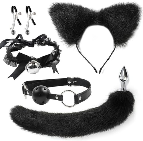 Ensemble noir d'oreilles, collier, pince, bâillon, bracelet, queue de renard, jouet de jeu d'imitation