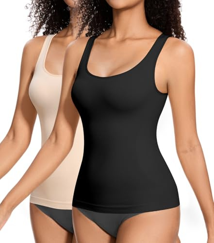 ONEW Canottiera compressiva da donna, modellante, con spalline larghe, confezione da 2 (nero + beige), Nero + Beige (2 confezioni), L