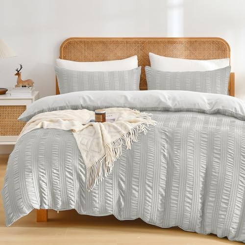 Fondream Set di biancheria da letto con copripiumino in seersucker, per letto matrimoniale, con nappe e pompon, testurizzato, con chiusura a cerniera (grigio, matrimoniale)