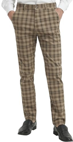 Yukirtiq Pantalones de Cuardos para Hombres Slim Twill Skinny Chino Pantalones Casuales a Cuadros con Bolsillos, Caqui, W32