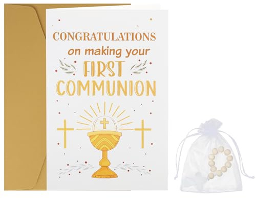 Tarjetas de primera comunión, elegante tarjeta de comunión y adorno de cruz de madera, cáliz artístico con tarjeta de cruz, regalo perfecto para niñas y celebraciones religiosas, tarjetas de