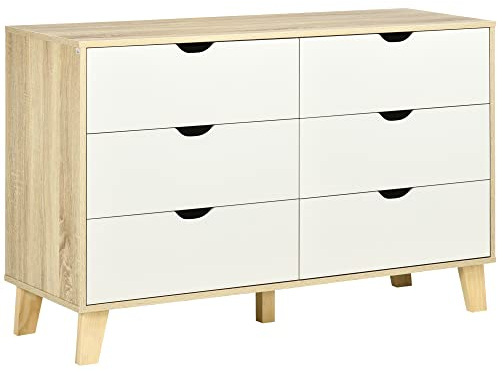 HOMCOM Cassettiera Camera da Letto 6 Cassetti, Comò Moderna con Maniglie Intagliate e Gambe a Trapezio, Mobiletto per Soggiorno, Cameretta e Corridoio in Legno, 120x40x76 cm, Bianco e Rovere