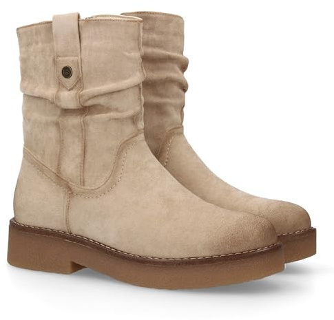 shoes&blues.es 94578 Botines Planos para Mujer, Comodos y Elegantes, Diseno Moderno con Cana Arrugada Detalles de Costura. Suela Antideslizante, Ideales para Otono Invierno. Beige Talla 38