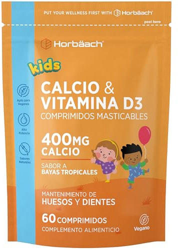 Kalcium och Vitamin D3 Tabletter för Barn | med 400mg Kalciumkarbonat & 100 IU Vit D3 | 2 Månaders Förbrukning – 60 Veganska Tuggtabletter | Tropisk Bärsmak | av Horbaach