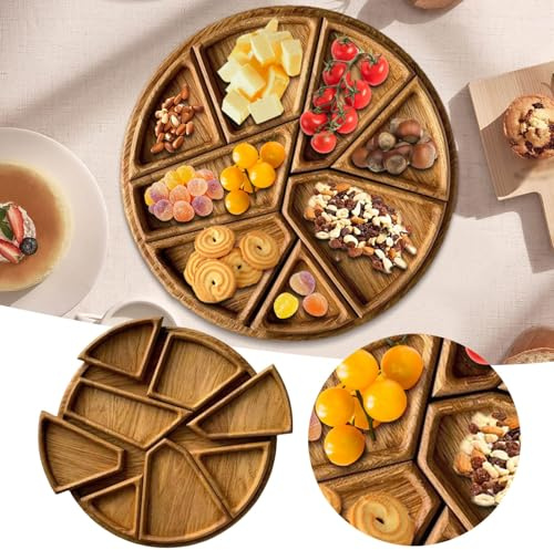Vassoio in legno per frutta secca, piatto da portata diviso in legno, vassoio rotondo da 25 cm con 8 scomparti, multiuso, per snack e antipasti, multiuso per snack e dessert (25 x 25 cm)