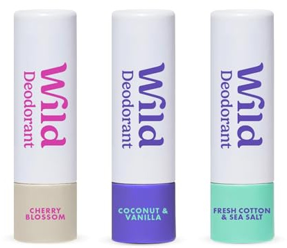 Wild 3er-Pack Mini-Deodorants in Fresh Cotton & Sea Salt, Coconut & Vanilla und Cherry Blossom – Probiergröße, ideal für Urlaub & Reisen – Frei von Aluminium & Plastik – Langanhaltender Schutz