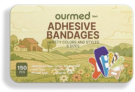 Ourmed Assorted Adhesive Bandages in Tin Box, Flexible Fabric and Waterproof, Assorted Sizes and Types, for First-Aid, Wound, Minor Cuts, Fingers and Knees, 150 Count