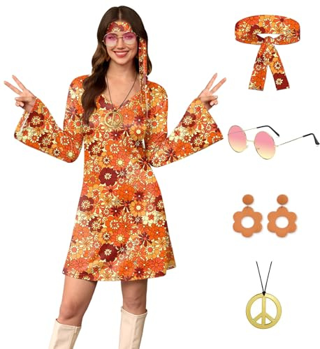 For G and PL Women's 5 Pcs Halloween 70s Hippy Fancy Dress Floral Costume Outfit with Sunglasses Headband