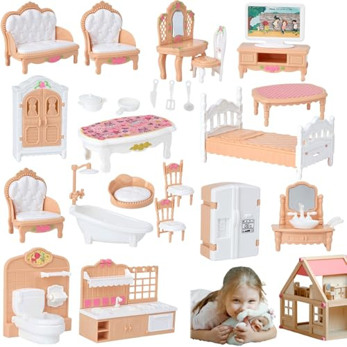 Hperu Meubles de Maison de poupées |.4 Ensembles Meubles Maison poupée Miniatures réalistes, Accessoires pour Enfants, Chambre à Coucher, Salle Bain, Bricolage, Jeu Simulation