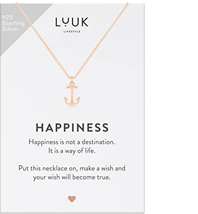LUUK LIFESTYLE Halsband i 925 Sterling Silver med ankarehänge och ett inspirerande HAPPINESS-kort, lyckoamulett, vänskapsgåva, damsmycken, rosé