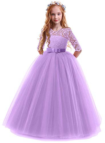 IWEMEK Flower Girls 3/4 Sleeve Floral Lace Tulle First Communion Pageant Dresses Kids Big Girls Princess Birthday Carnival Christmas Bridesmaid Wedding Party Prom Ball Gown 2-14 Years