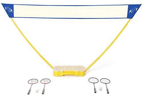 COSTWAY Filet de Badminton Portable 3M x 1,5 M avec Base de Rangement et Sac de Transport Set de Badminton 4 Raquettes, 2 Volants Installation Rapide pour Jeu de Plage,de Jardin