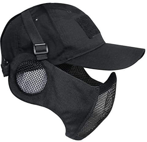 Yzpacc Airsoft Half Face Maske und Hut Set Stahl Mesh Maske mit Gehörschutz und Baseball Cap Taktische Schutzmaske für CS Game BB Gun Paintball Jagd Schießen