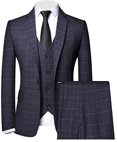 Maiyifu-GJ Men's 3 Piece Plaid Suit Check Single Breasted One Button Blazer Set Vintage Formal Dress Party Jacket Vest Pants (Dark Blue,Large)