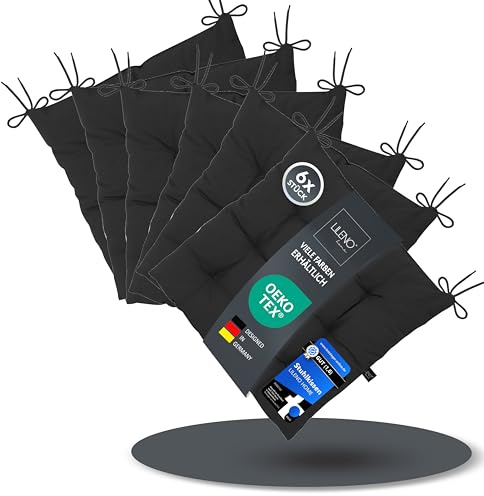 LILENO HOME 6er Set Stuhlkissen 33 Schwarz (40x40x6 cm) - Sitzkissen für Garten, Küche oder Esszimmer - UV-beständige Indoor u. Outdoor Stuhlauflage als Stuhl-Kissen (Linda FUM)