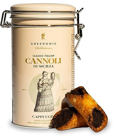 Cannoli-Siciliens | fourrés à la crème de Cappuccino | emballés individuellement dans une boîte cadeau | biscuits originaux italo-siciliens | merveilleux avec du café ou du thé | 200g