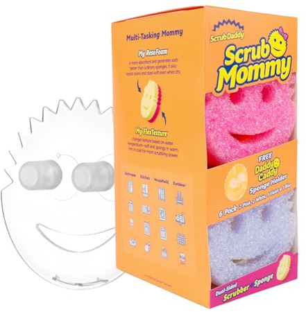 Scrub Mommy Kitchen Sponges (6) + Daddy Caddy Sponge Holder - Scratch-Free Cleaning Sponges for Dishes & Dish Scrub for Multipurpose Cleaning - BPA Free Polymer Foam - Stain & Odor Resistant (7 Count)