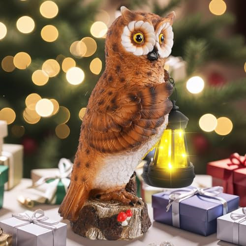 JJALIGHTS Eulen Gartenfiguren mit Solar Laterne – Eulen Gartendekoration mit Wetterfest Eulenfigur mit Lichtern für Draußen Balkon Terrassen Geschenke für Frauen Mama Geburtstag 35CM