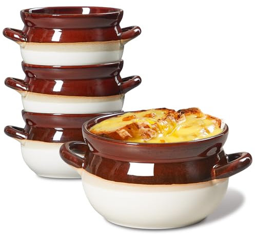 ONEMORE Lot de 4 bols à soupe à l'oignon français avec poignées, passent au four – Grands bols en céramique pour chili, ragoût de bœuf, céréales, tartes, cocottes – Passe au micro-ondes et au