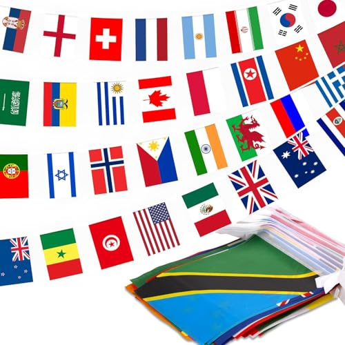 Guirlande Drapeaux 50 Pays 13m Banderole Internationale Fanions de Fête Décoration de Fête pour Football Mondial Jeux Olympiques Pavillon Deko Extérieur Jardin Bar Rue Événement Célébration