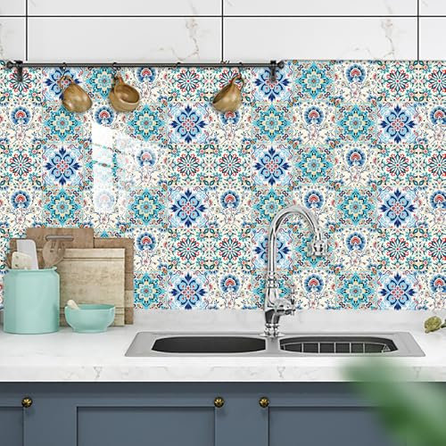 Tile Stickers 10x10 CM Red Blue Kitchen Tile Stickers for Bathroom Stick on Wall Tiles Backsplash for Kitchen Stick on Tiles Self-Adhesive Vinyl Home Decoration