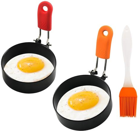 2 Pack Egg Ring Stainless Steel Egg Rings for Frying Fried Egg Ring with Anti-scald Handle and Oil Brush Non Stick Egg Mould Pancake Mould Egg Shaper for Egg Frying Shaping Pancakes Mini Burger