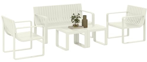 Outsunny Conjunto de Jardín Exterior 5 Piezas Muebles Jardín Exterior con 2 Sillones 1 Sofá de 2 Plazas y 2 Mesas de Centro Diseño de Lamas Impermeable Anti-UV Blanco