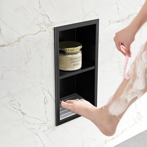 Neohomee Wall Recess Shower Recessed Footrest with Shelf 304 Stainless Steel Black Recess with Non-Slip Silicone Pads for Bathroom, 34 x 18 cm