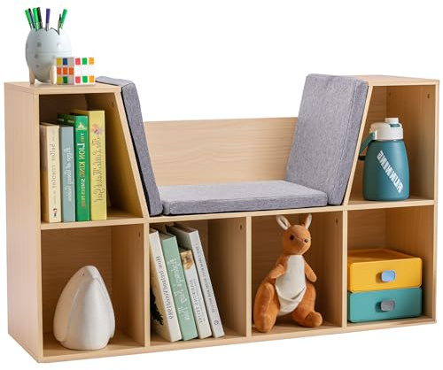 HOMCOM Bibliothèque pour enfant avec tabouret, banc pour enfant avec 6 compartiments, coffre à jouets avec 3 coussins, coffre à jouets à partir de 3 ans, gris + naturel, 103 x 30 x 62 cm